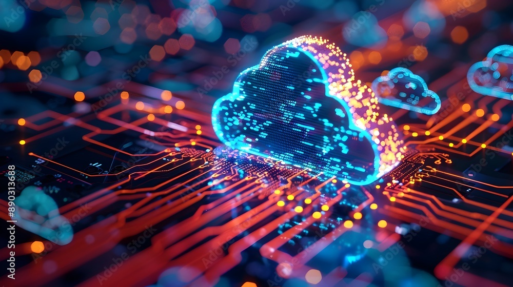 Poster cybersecurity in cloud computing protecting digital data with futuristic shield