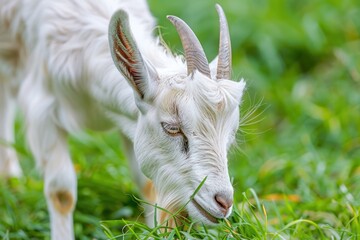 close-up of head of dairy goat while eating the green grass of a meadow