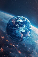 Fototapeta premium minimalistic logo saying , blue background, earth in background, Hyper-realistic photography, realistic light and shadow, luminous effects, 3D, ue5, Unreal Engine, generative ai