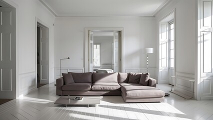 White living room with taupe sofa