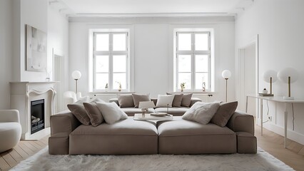 Fototapeta premium White living room with taupe sofa