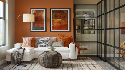 cozy living room featuring a reeded glass privacy screen, creating a separate reading nook while maintaining an open feel