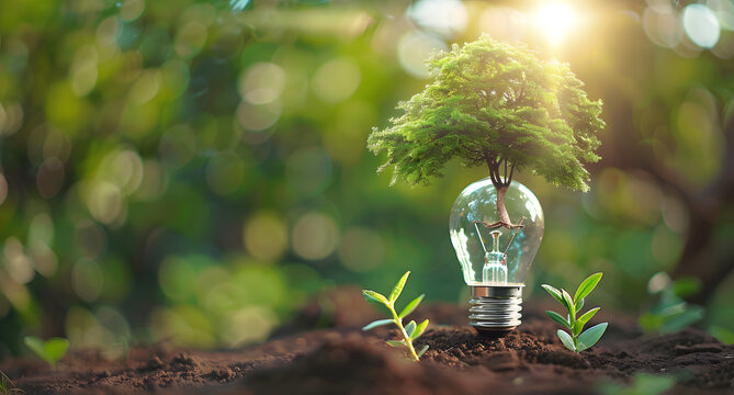 tree growing on light bulb with sunshine in nature and small plants growth stepe. saving energy and eco concept