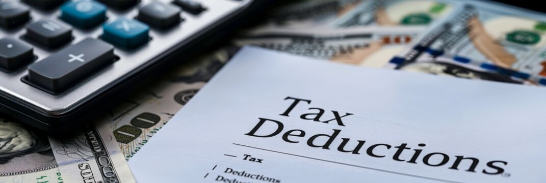Tax form with 'Tax Deductions' written on it, surrounded by calculators and dollar bills. Ideal for illustrating tax deductions and financial themes.