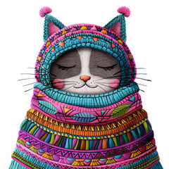 Fototapeta premium A cute cat wearing a colorful knitted hat and scarf, with its eyes closed, appears to be napping.