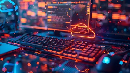 Dynamic Cloud Gaming Setup with Vibrant Visuals and Cloud Computing Concept