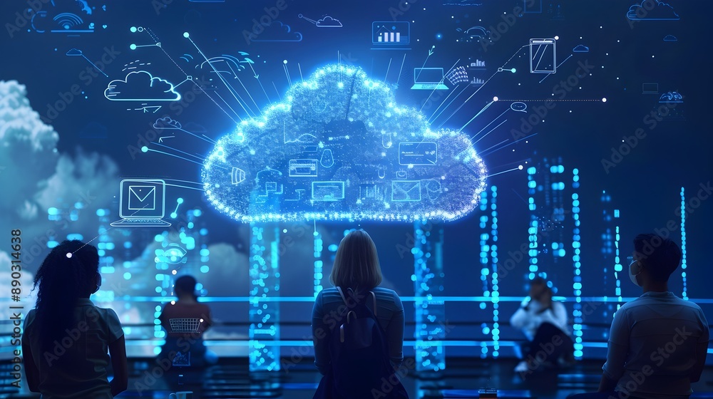 Poster futuristic cloud based assistants enhancing daily tasks with sleek digital interfaces
