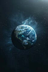 Fototapeta premium minimalistic logo saying , blue background, earth in background, Hyper-realistic photography, realistic light and shadow, luminous effects, 3D, ue5, Unreal Engine, generative ai