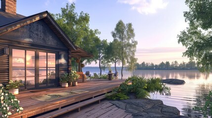 A quaint, lakeside cabin with a wooden deck, large picture windows, and a serene view of the water.