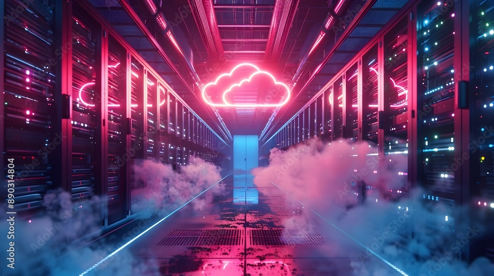 Poster futuristic virtual cloud server farm with advanced cooling and efficient high tech setup