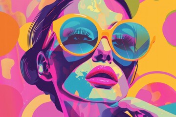 colorful illustration Glamorous woman in vibrant background with large sunglasses