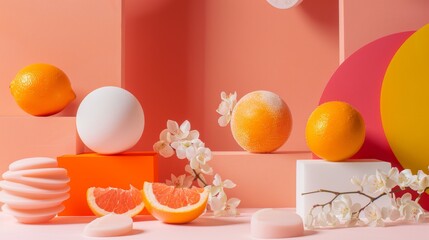 Fototapeta premium Modern still life with citrus and floral elements