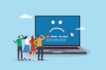 Computer outage, error or failure causing by software update mistake, operating system crash or cyber attack, server down or technical issue concept, people victims looking at computer laptop outage.