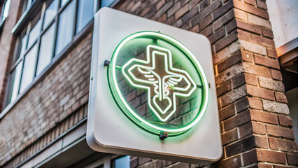 Obraz premium Neon light sign, logo on the wall about a hospital or clinic