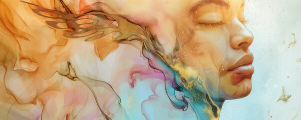 Mystical Female Visage with Vibrant Wing: A Dance of Gold and Marble in Alcohol Ink Fantasy .