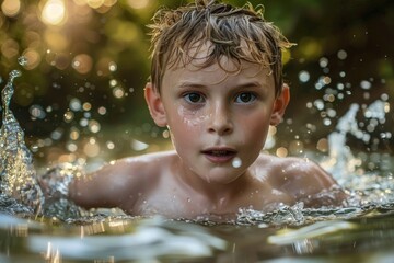 Obraz premium Startled Young Boy Emerging from Water with Splashes