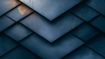 Dark blue gradient abstract background with black lines and geometric shapes, minimalist style, sharp edges, light reflecting on metal strips.