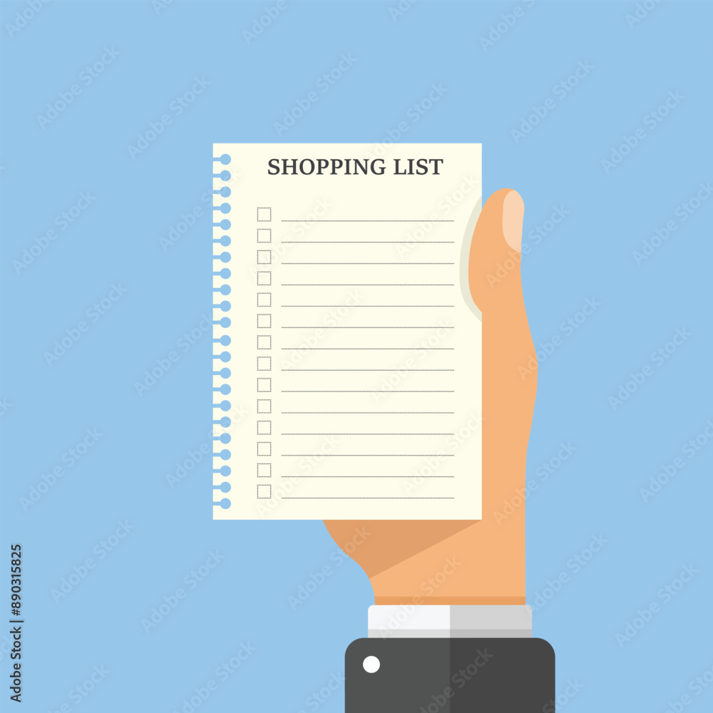 Poster shopping list in hand icon in flat style. memo pages vector illustration on isolated background. dai