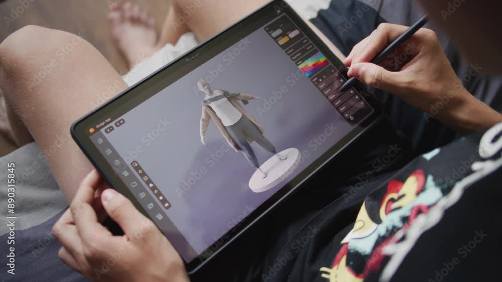 Poster focused teenager draws clothes for game character using 3d modeling program. boy with digital pencil