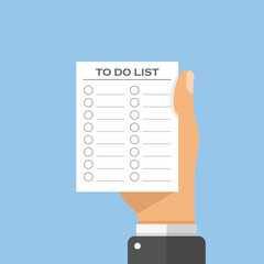To do list in hand icon in flat style. Paper sheet with clipboard vector illustration on isolated background. Checkbox plan sign business concept.