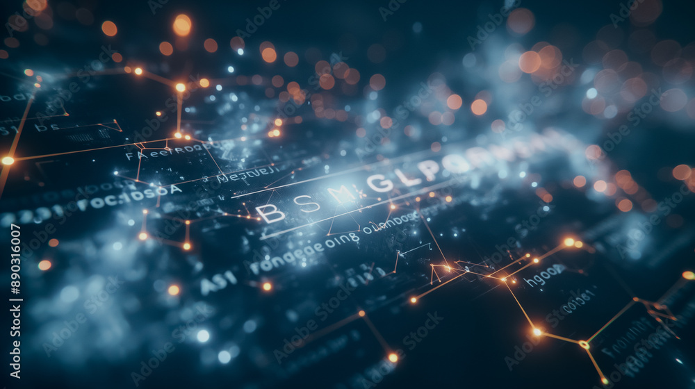 Poster abstract tech background featuring professional touchscreen interaction with glowing holographic ele