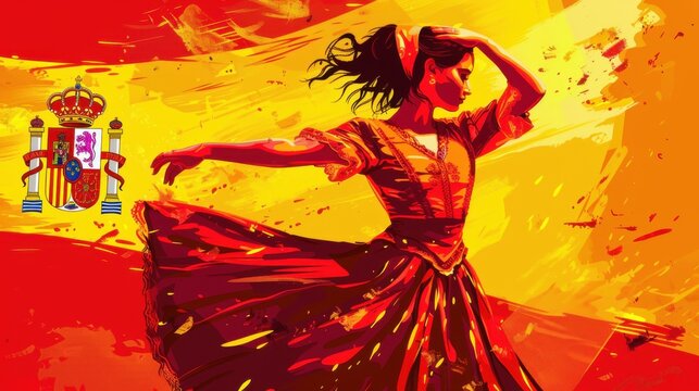 Illustration of a Flamenco dancer with Spain country flag in the background. Spanish culture, vacation, tourism