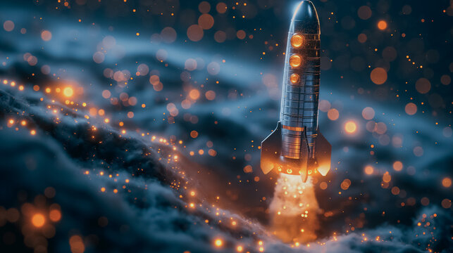 AI generative illustration of a rocket taking off, bitcoin graph, and upward trending lines showing financial growth.