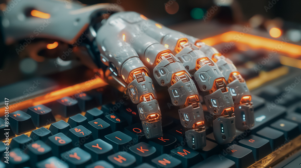 Poster robotic hand working on a computer, symbolizing the rise of robots in investments and program coding
