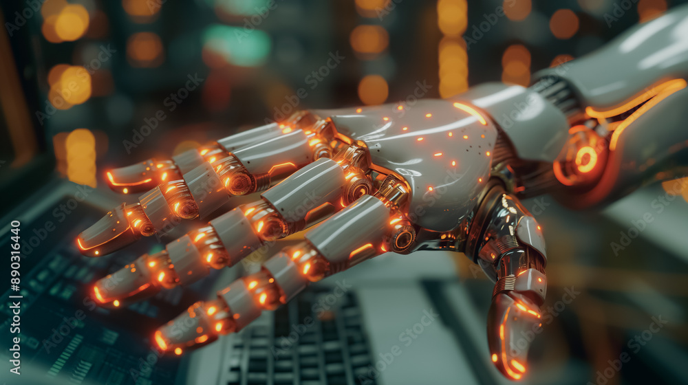 Poster robotic hand working on a computer, symbolizing the rise of robots in investments and program coding