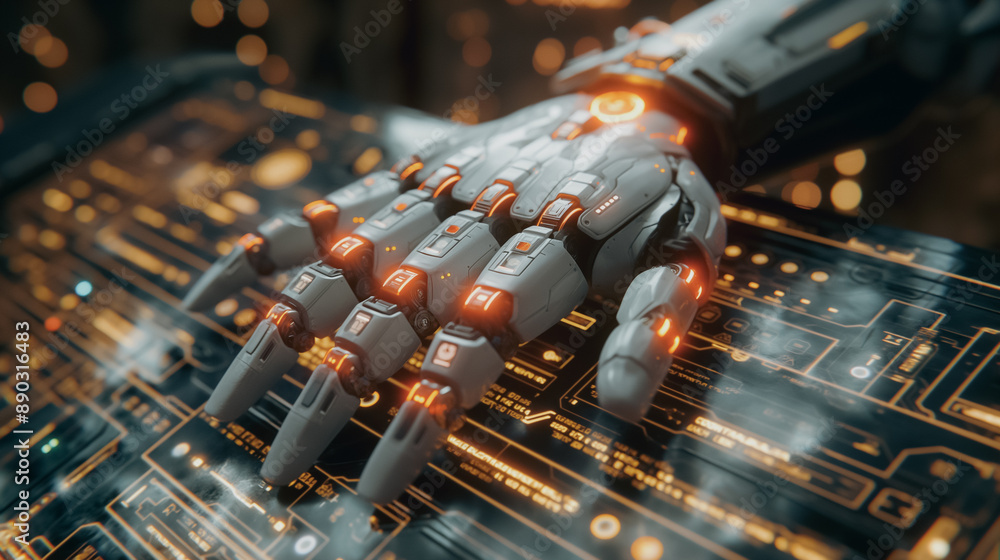 Poster robotic hand on a monitor, illustrating the future of investment and program coding with robots repl