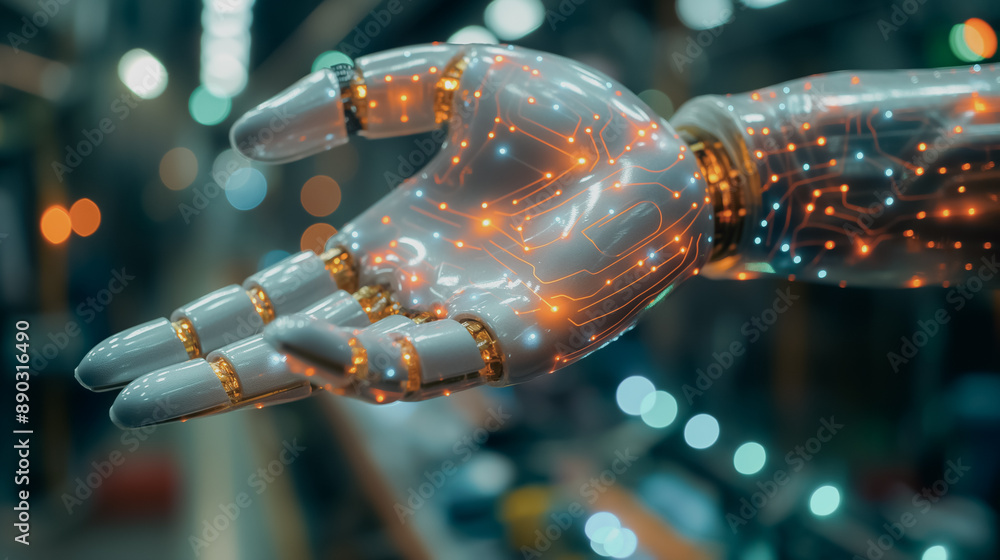 Poster robotic hand on a monitor, illustrating the future of investment and program coding with robots repl
