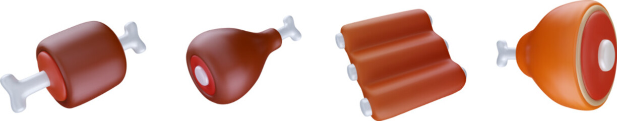 Ribs, khamon, chicken leg. Different meat on bone in cartoon 3d style. Realistic vector illustration.