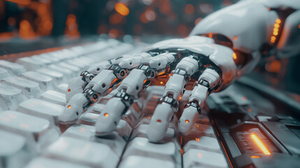 Futuristic robotic hand typing on a computer, representing the megatrend of robots replacing humans in coding and investment tasks.