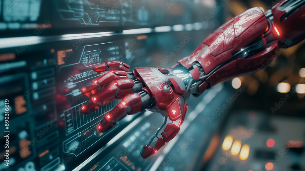 Poster futuristic robotic hand working on a monitor, showcasing the shift to robots in investments and codi
