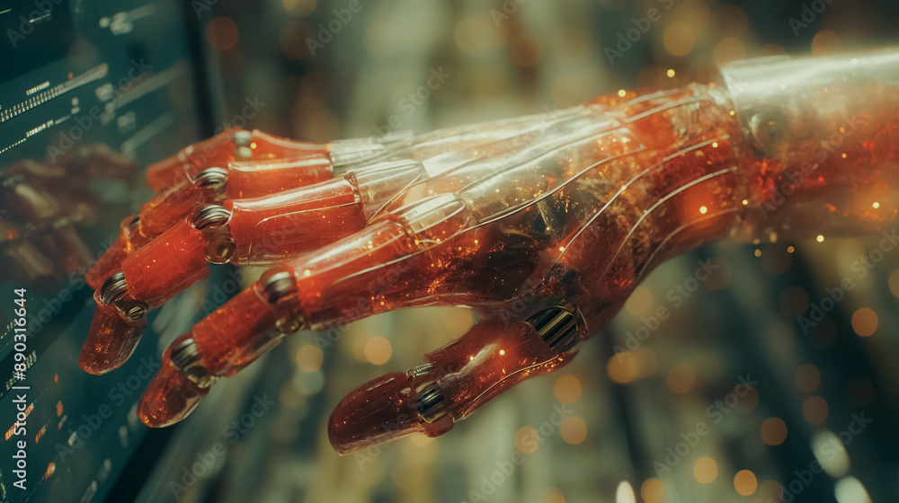 Poster robotic hand operating a computer, illustrating the megatrend of robots taking over human tasks in i