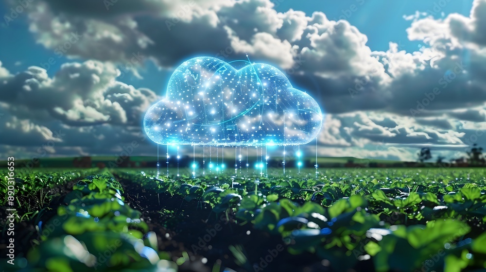 Poster futuristic smart agriculture concept with cloud computing sensors and real time data analysis
