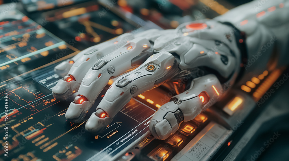 Poster futuristic robotic hand working on a monitor, showcasing the shift to robots in investments and codi