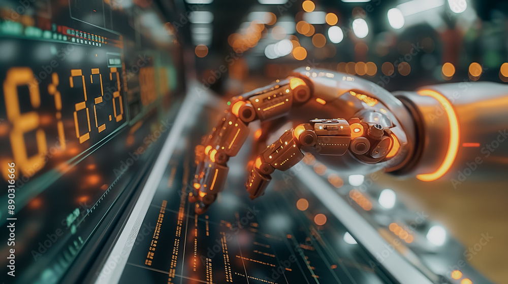 Poster futuristic robotic hand working on a monitor, showcasing the shift to robots in investments and codi
