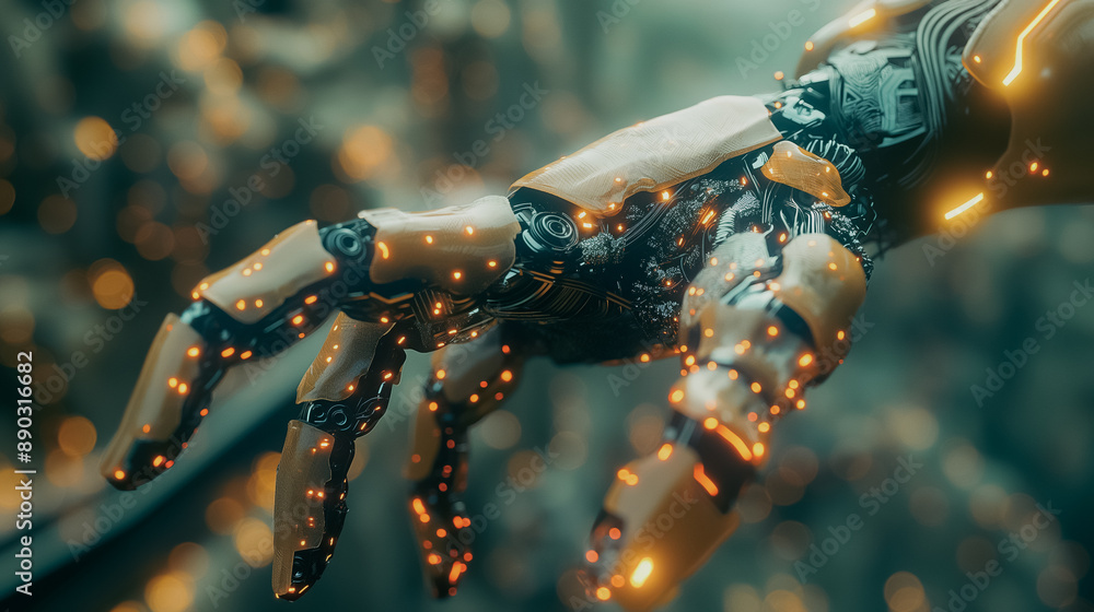 Poster robotic hand operating a computer, illustrating the megatrend of robots taking over human tasks in i
