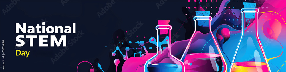 Poster national stem day banner with colorful chemistry flasks on dark background with abstract patterns. s