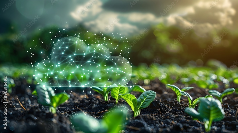 Poster innovative smart agriculture cloud computing landscape with vibrant sensors and real time data analy