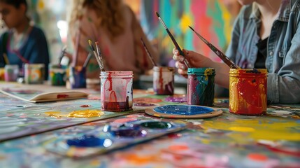 People expressing themselves doing art during an art therapy workshop, with paints, brushes, canvases. Therapeutic benefits of creativity and self-expression in mental health and emotional well