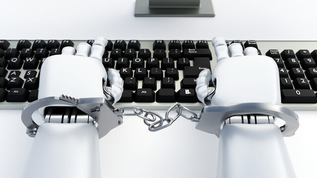 A 3D rendering depicts humanoid robotic hands secured with cuffs, serving as a powerful symbol of digital slavery.