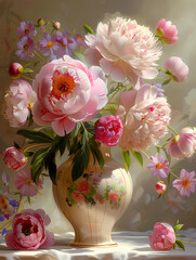 Oil painting of flowers and vase