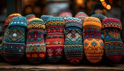 Fototapeta premium Display of bright and colorful socks on a shelf.