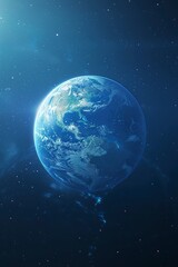 Fototapeta premium minimalistic logo saying , blue background, earth in background, Hyper-realistic photography, realistic light and shadow, luminous effects, 3D, ue5, Unreal Engine, generative ai