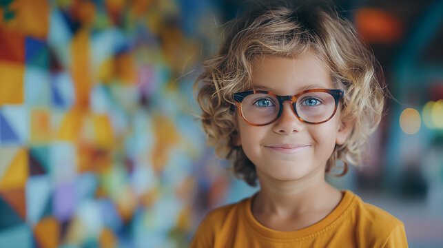 Cheerful boy in glasses on a colorful abstract background, creating an energetic and playful wallpaper or background.