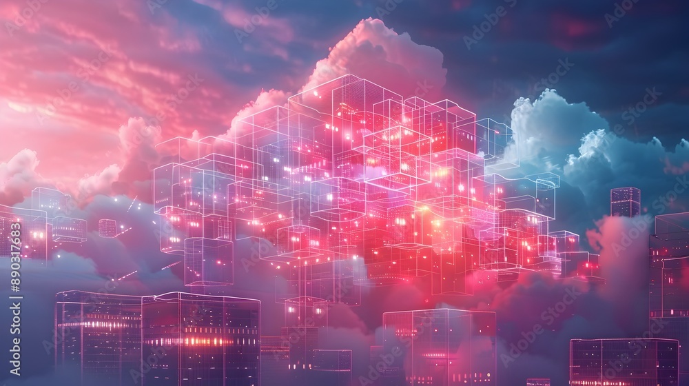 Poster futuristic cloud containerization abstract representation of applications technology concept