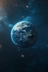 Fototapeta premium minimalistic logo saying , blue background, earth in background, Hyper-realistic photography, realistic light and shadow, luminous effects, 3D, ue5, Unreal Engine, generative ai