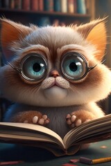 Funny postcard of a baby cat with big eyes in kawai style. AI generated